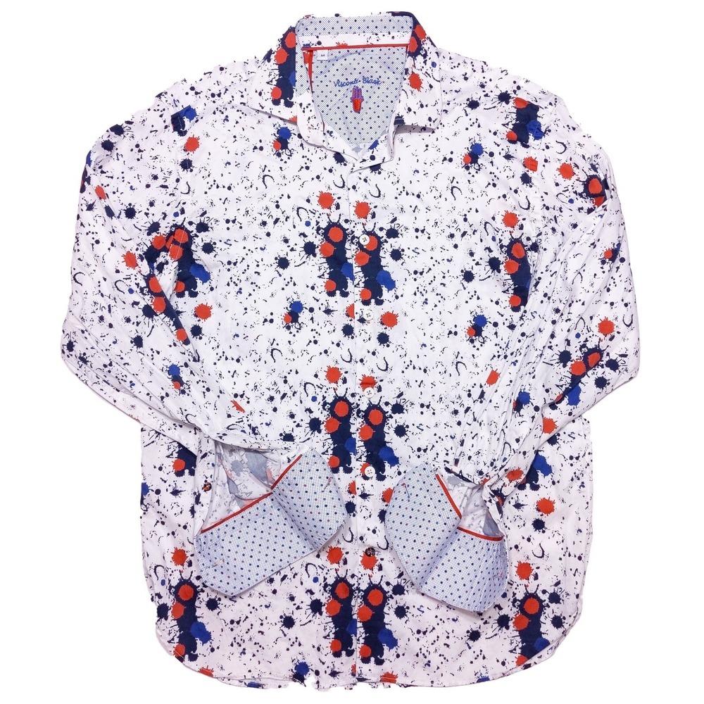 VISCONTI BLACK Long Sleeve‎ Flip Cuff Shirt Red Blue Paint Splatter Medium M